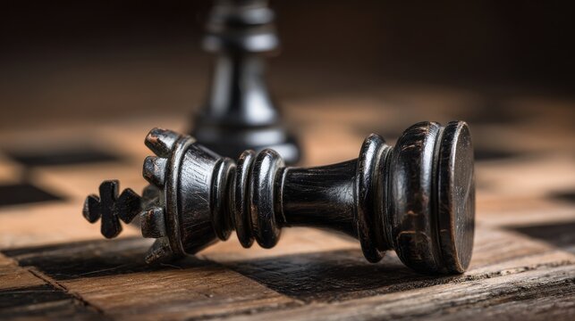 Fallen black king chess piece on a vintage wooden chessboard representing defeat and checkmate