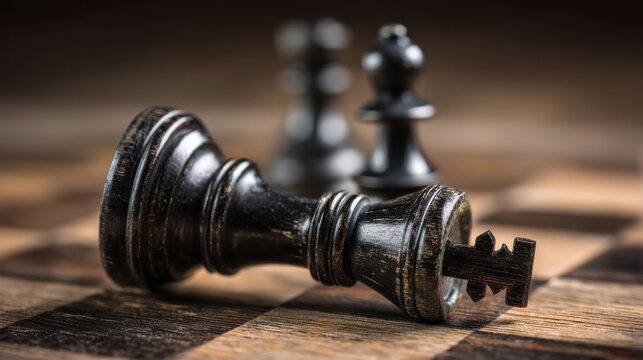 Fallen black king chess piece on a rustic wooden board representing defeat or checkmate