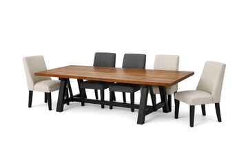 Fototapeta premium Stylish dark brown wooden dining table set with comfortable gray upholstered chairs on a white background.