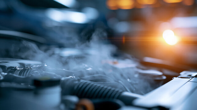 A car engine engulfed in rising steam and vapor, intricate hoses and components barely visible through the mist, dramatic overheating situation concept, defocused engine bay in