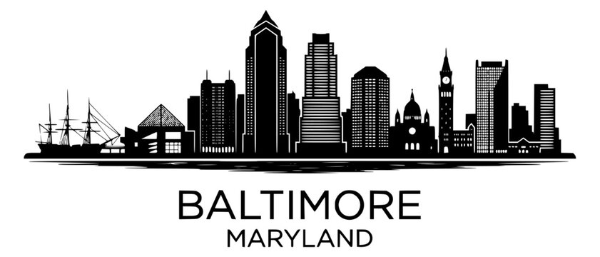 BALTIMORE MARYLAND city  skyline horizontal banner. Black and white silhouette of Baltimore, Maryland. Vector template for your design.