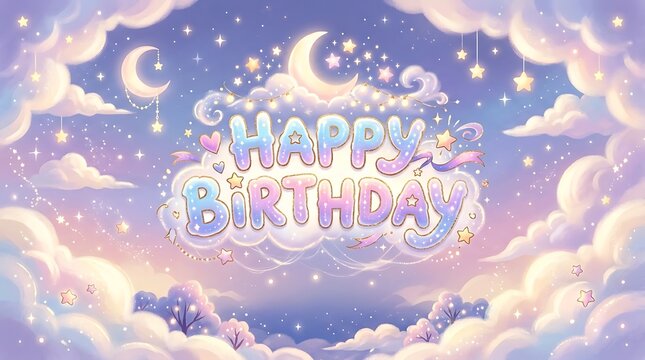 Happy birthday greeting card with clouds stars and moons in the sky