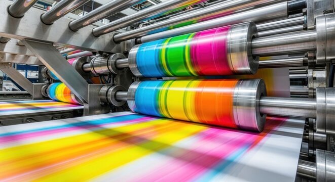 Industrial printing press in action.