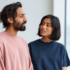 Fototapeta premium Young couple in casual clothes engaged in attentive dialogue for website banner and communication concept
