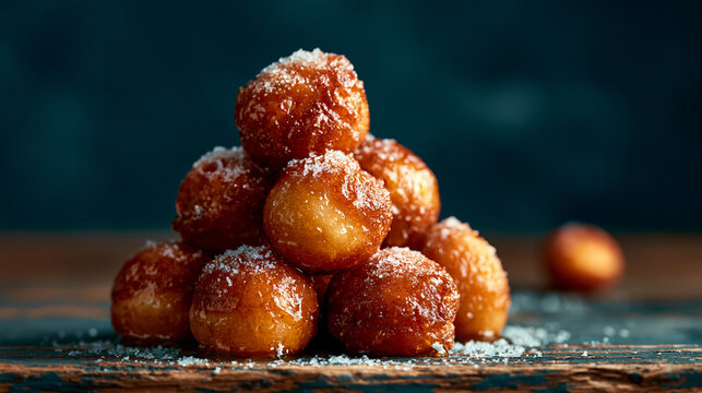 A warm, inviting composition of honey-soaked loukoumades (Greek donuts) stacked in a pyramid on a rustic wooden table, sprinkled with sugar.