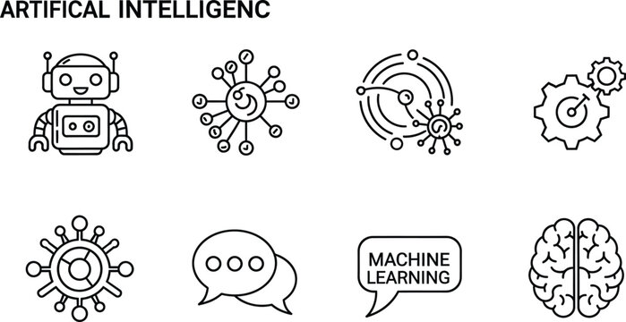 Artificial intelligence and machine learning linear icons set representing robotics data networks human brain and futuristic tech concepts
