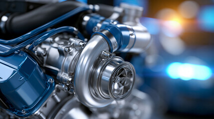 Fototapeta premium Detailed illustration of a turbocharged internal combustion engine showing intercooler piping and turbocharger assembly, technical cutaway style, performance engine diagram,
