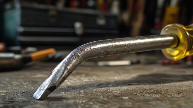 Bent screwdriver tip used as pry bar, metal stress marks visible on tool bench.