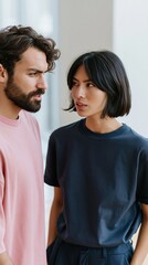 Fototapeta premium Serious couple portrait standing and gazing at each other for minimalist lifestyle and editorial background