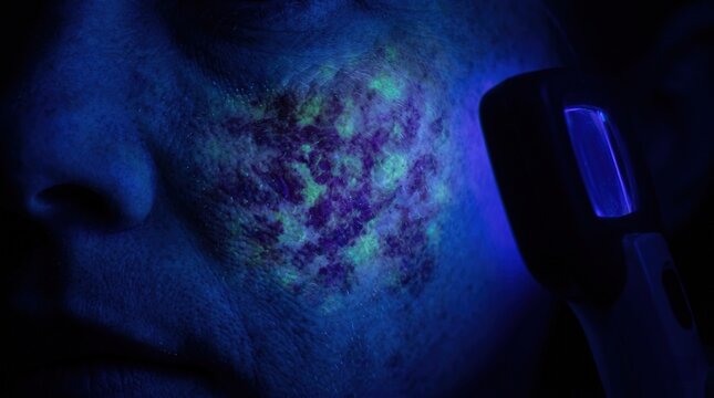 Close up of dermatologist using UV Wood lamp to examine patient skin pigmentation and sun damage in dark room