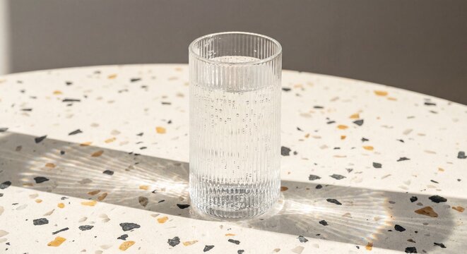 Glass of sparkling water on terrazzo table with sunlight caustics