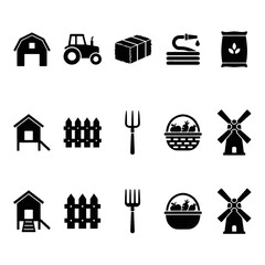 Collection of farm icons including barn, tractor, hay bale, hose, fertilizer bag, chicken coop, fence, pitchfork, basket of vegetables, and windmill. © Imam
