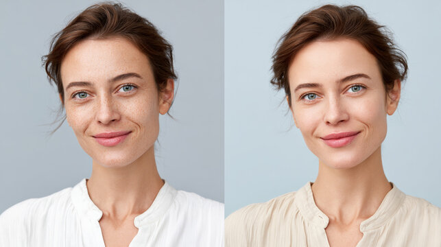 Middle aged woman before and after skin retouch comparison