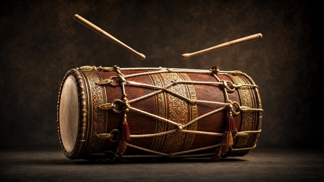 Ornately decorated dhol drum with drumsticks poised above, dramatic lighting.