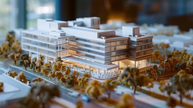 A miniature model of a modern building, possibly a hospital or office, is displayed on a table.