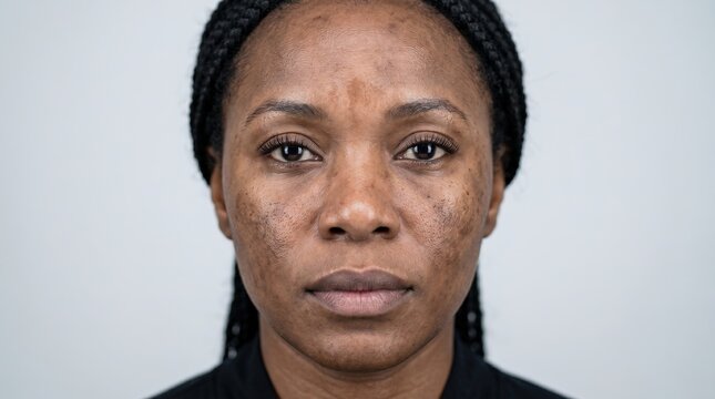 Front portrait of African American woman with facial hyperpigmentation and melasma skin condition