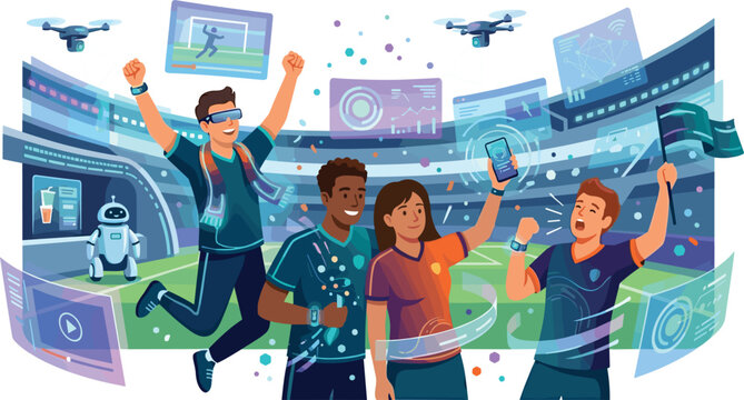 Futuristic sports stadium with fans celebrating football match using virtual reality headsets smart devices drones and artificial intelligence robot assistants