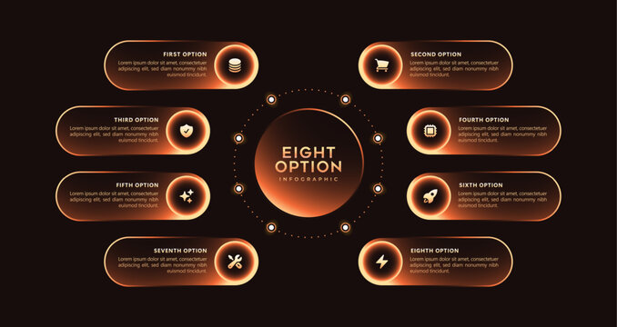 Modern infographic template 8 option for business presentations, reports, data visualization, workflow layout, process diagrams, marketing analytics, fintech concepts, flowcharts, strategic planning.
