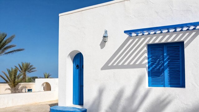 Whitewashed house with blue shutters on Djerba island, sharp shadows on sunlit wall.