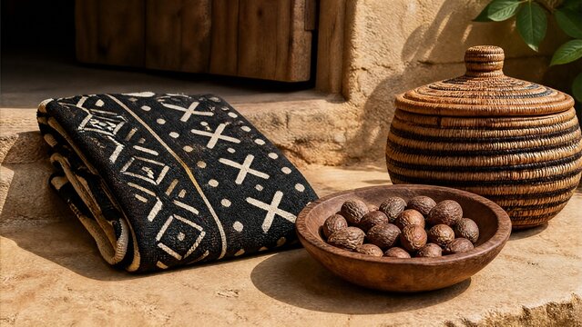 Mud cloth fabric with shea nuts and woven basket, West African craft and natural decor.