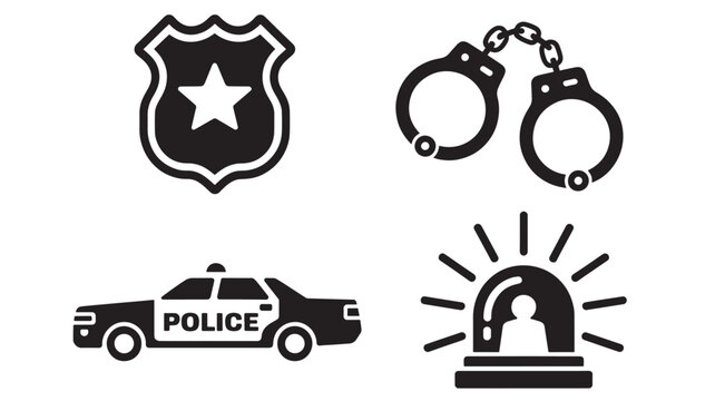 Crime Prevention Symbols Collection with Badge Handcuffs Patrol Car