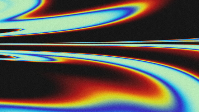 Abstract background with grainy texture, featuring fluid waves of holographic, iridescent color gradients in red, yellow, blue, and green against a black backdrop.