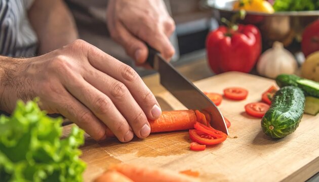 Close-up of hands chopping fresh vegetables on a wooden cutting board for healthy meal preparation.