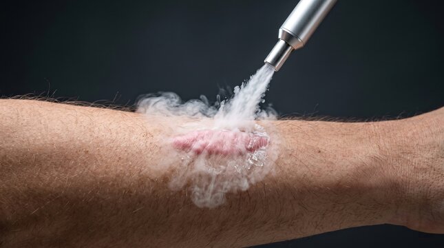 Cryotherapy spray gun treating hypertrophic keloid scar on human arm with liquid nitrogen smoke