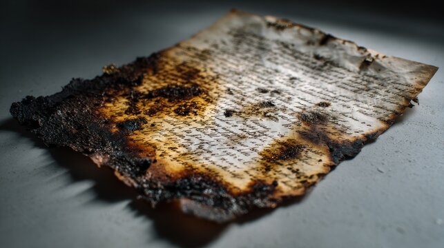 A partially burned old document with handwritten text on a dark, textured surface.
