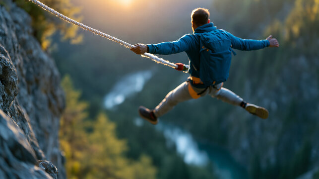 Faceless man bungee jumping from a rocky mountain cliff into open air, defocused dramatic alpine landscape below, extreme adventure sports photography, mountain freefall concept,