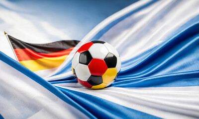 Fototapeta premium soccer ball painted with the german flag colors resting next to a small germany desk flag on blue and white fabric creases