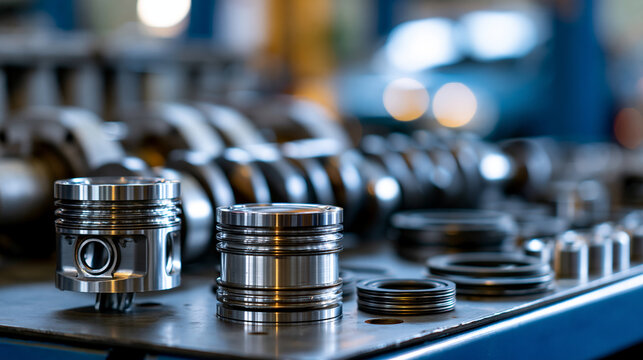 Disassembled internal combustion engine parts spread across an industrial workshop table, pistons crankshaft and gaskets arranged methodically, defocused garage environment in