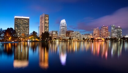 Obraz premium oakland california lake merritt skyline at night with reflections