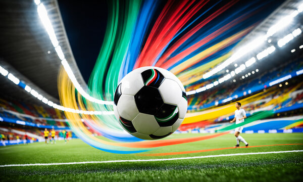 soccer ball floating with a multicolored green blue red and yellow dynamic light trail effect in a sports stadium at night
