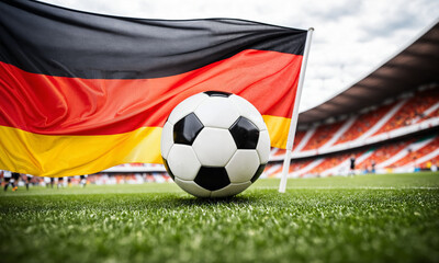 Naklejka premium soccer ball on green grass field in front of a large waving german national flag inside a stadium