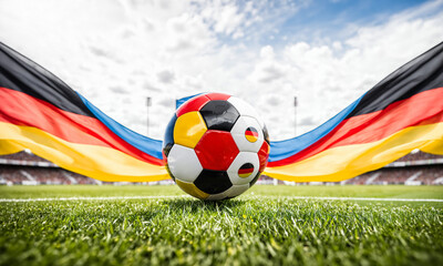 Fototapeta premium soccer ball on stadium grass field framed by large german flags