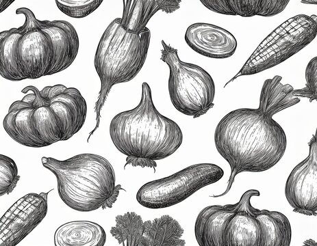 seamless pattern with hand drawn vegetable silhouette with pencil texture