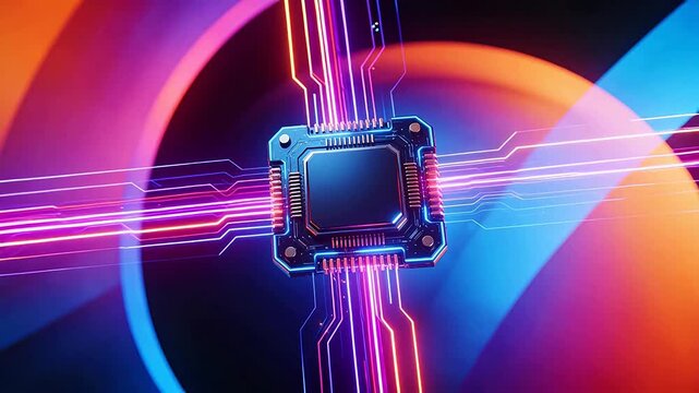 Circuit board with glowing neon lines