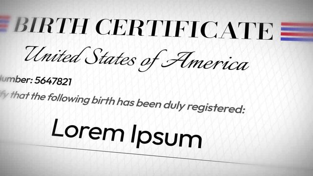 USA birth certificate template design with placeholder text and registration number, 4k animation