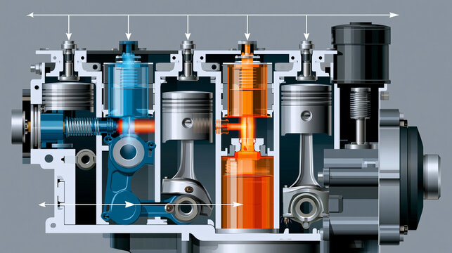Detailed technical cross-section illustration of a four-stroke internal combustion engine cycle showing intake compression power and exhaust phases with labeled mechanical parts,