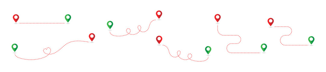 Fototapeta premium Route icon. Two points with dotted path and location pin. Route location icon two pin sign and dotted line. Travel vector icon. Route location icon. Dotted line path location pin. Vector Illustration.