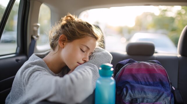 Tired parent taking a quiet pause inside a parked family car in the backseat for wellness article banner and editorial design about fatigue and rest