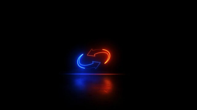 Neon glowing circle arrow video motion animation. Neon glowing two arrow spin icon video animation. Circle arrows icon animation. Round reload sign, repeat icon, rotate arrow symbol animation.