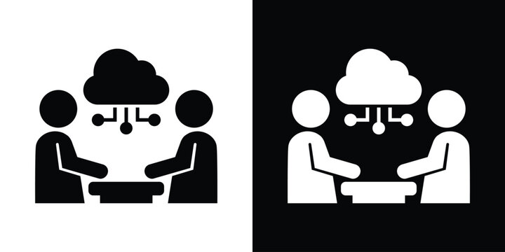 Cloud computing data network icon depicting two professionals managing cloud servers and digital infrastructure. Flat vector design.