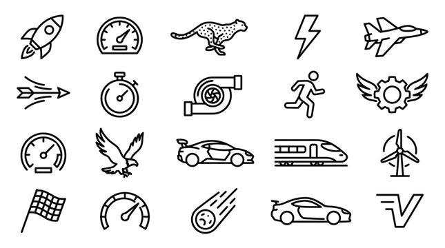 Collection of speed and performance line icons featuring rocket, cheetah, sports car and jet on white background, concept for automotive branding, website interface and mobile app design
