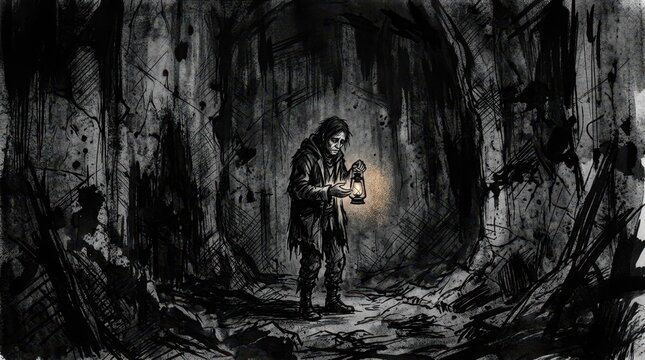 A lone wanderer explores a dark cavern with a lantern.