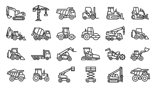 Large set of heavy construction machinery and industrial equipment line icons on white background, concept for building industry, infrastructure planning and civil engineering projects