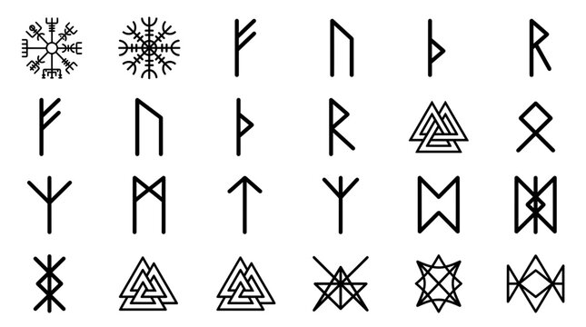 Collection of black Norse viking runes and ancient mystical pagan symbols isolated on white background, concept for occult design, mystical tattoo art and archaeological research