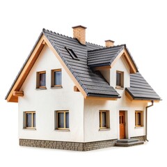 Obraz premium A quaint, white house with a grey tiled roof and wooden trim. The image showcases a typical suburban dwelling with a focus on the exterior architecture and design elements.