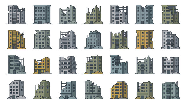 Large collection of ruined apartment building icons with damaged walls and debris on white background, concept for war aftermath news, urban destruction graphics and disaster recovery projects